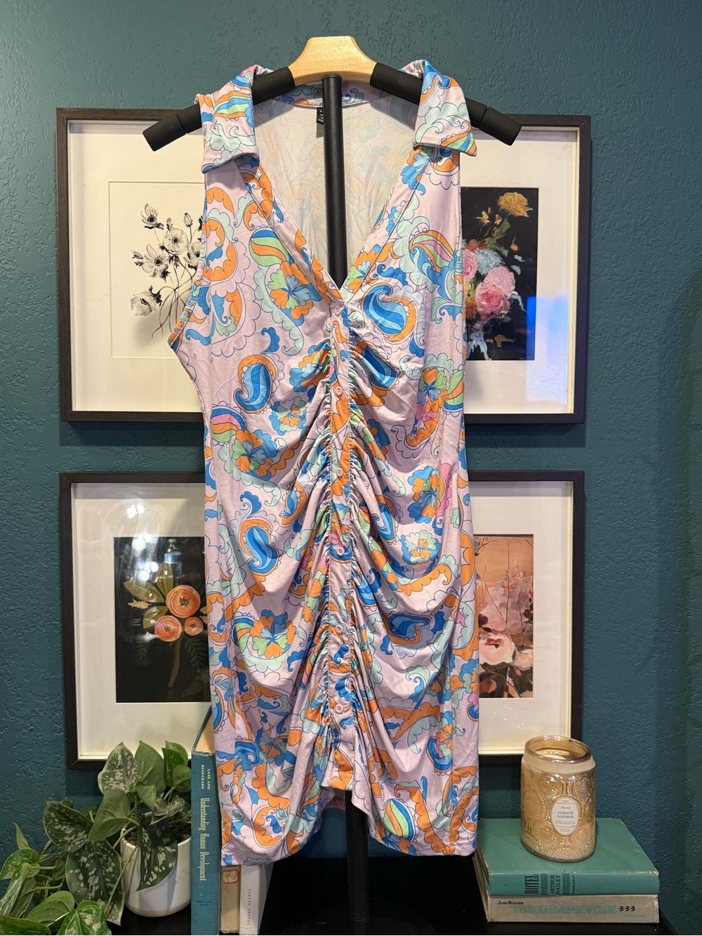 SHEIN Pink lavender Paisley-Print Ruched Mini Dress with Blue & Orange Accents